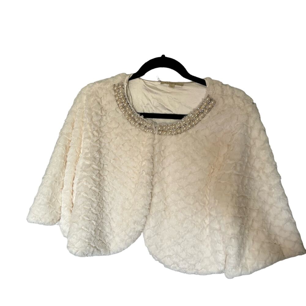 Sandiva Fluffy Off White Cropped Bolero Coat Lined W/ Pearl Details Women Large